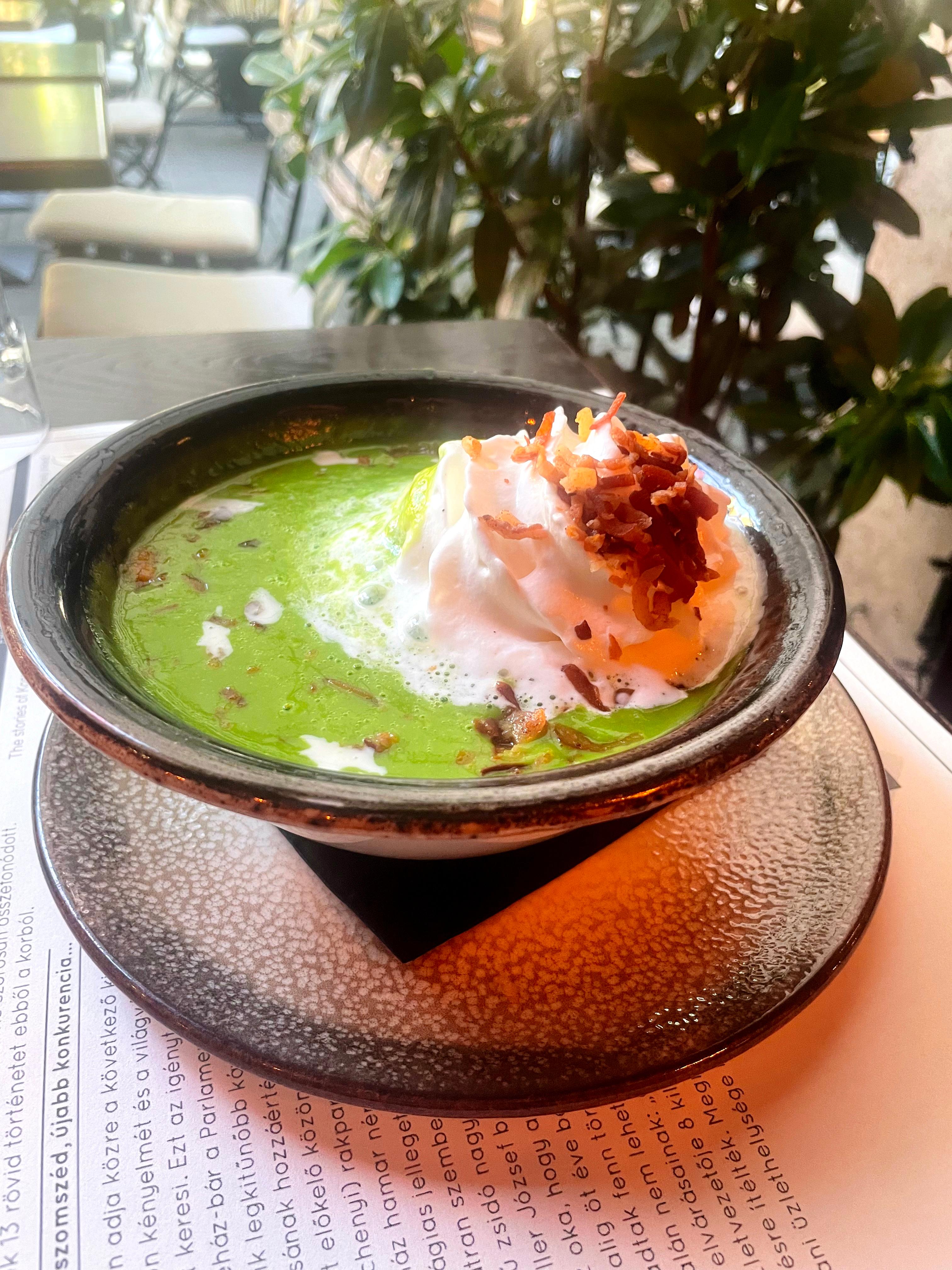 GREEN PEA CREAM SOUP, EGG & SHEEP'S CHEESE ROULADE, HAM CHIPS   (3, 7)